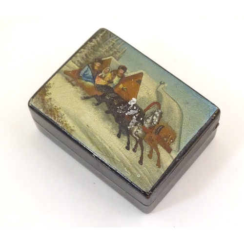 1194 - A late 19th / early 20thC Russian papier mache stamp box, the hinged lid decorated with a horse and ... 