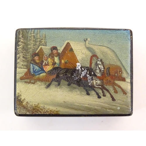 1194 - A late 19th / early 20thC Russian papier mache stamp box, the hinged lid decorated with a horse and ... 