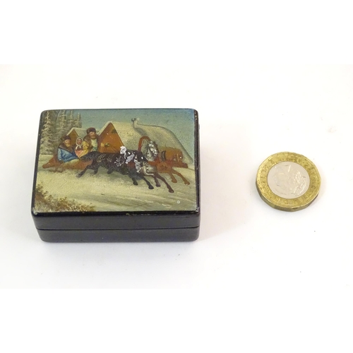 1194 - A late 19th / early 20thC Russian papier mache stamp box, the hinged lid decorated with a horse and ... 