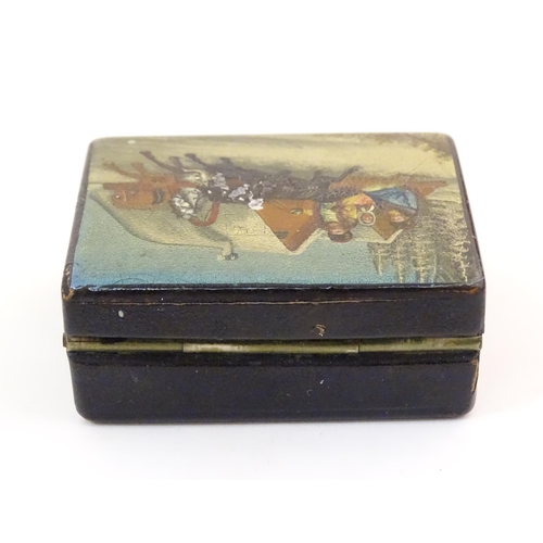 1194 - A late 19th / early 20thC Russian papier mache stamp box, the hinged lid decorated with a horse and ... 