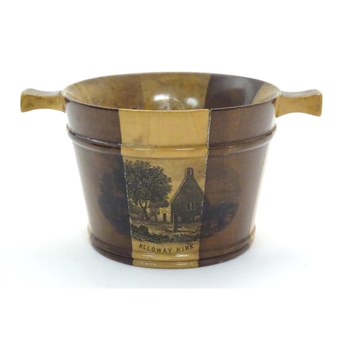 1211 - A 19thC Mauchline ware model of a milk pail with banded detail, decorated with a vignette depicting ... 