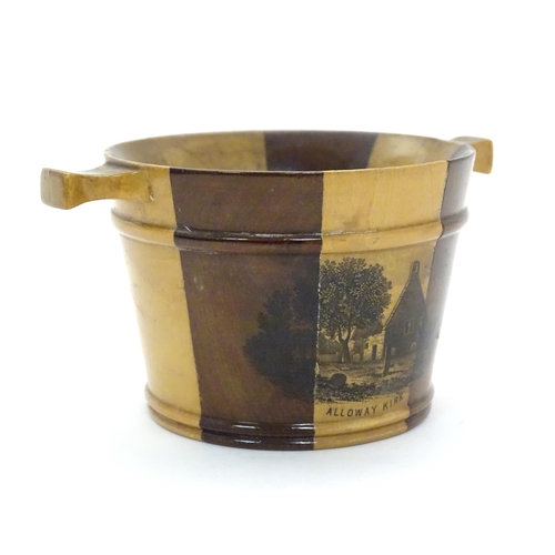 1211 - A 19thC Mauchline ware model of a milk pail with banded detail, decorated with a vignette depicting ... 