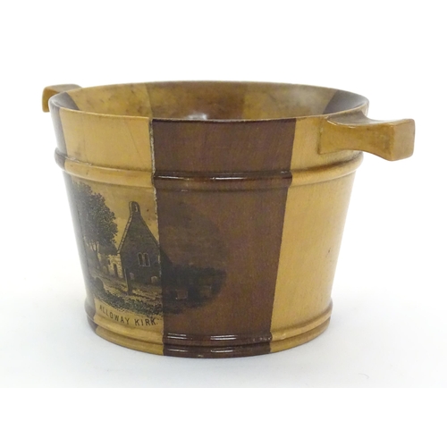 1211 - A 19thC Mauchline ware model of a milk pail with banded detail, decorated with a vignette depicting ... 