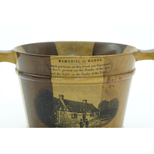 1211 - A 19thC Mauchline ware model of a milk pail with banded detail, decorated with a vignette depicting ... 