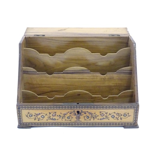 1213 - A 19thC Continental olivewood stationery box with letter rack within, with inlaid decoration depicti... 