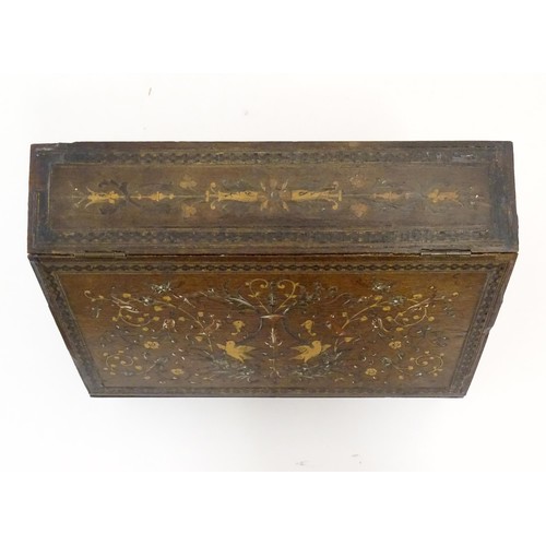 1213 - A 19thC Continental olivewood stationery box with letter rack within, with inlaid decoration depicti... 