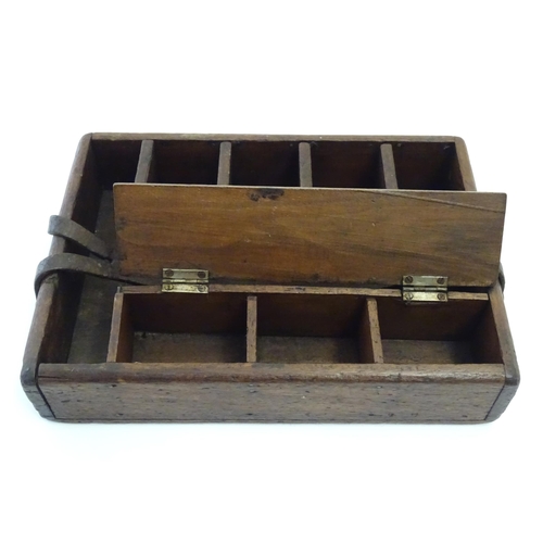 1252 - A late 19th / early 20thC wooden tool / work box with various compartments, a lidded sections and a ... 