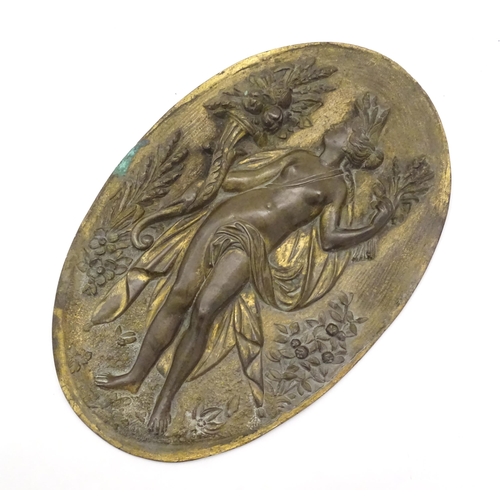 1277 - A 19thC bronze oval plaque depicting the goddess of the harvest Ceres / Demeter holding sheaves of w... 