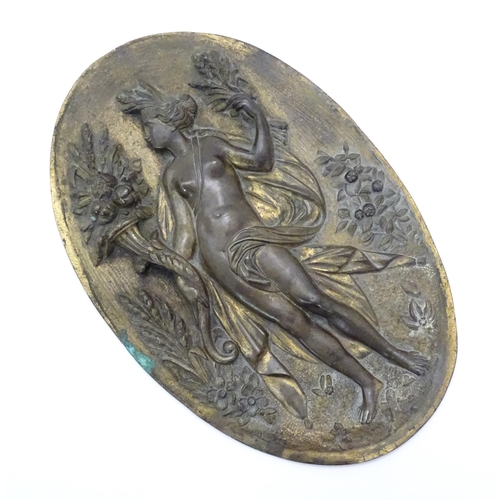 1277 - A 19thC bronze oval plaque depicting the goddess of the harvest Ceres / Demeter holding sheaves of w... 