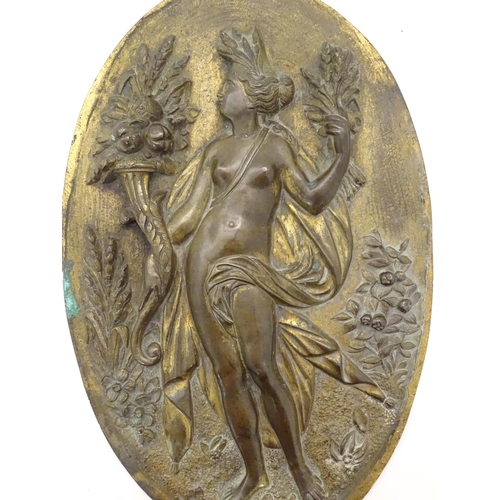 1277 - A 19thC bronze oval plaque depicting the goddess of the harvest Ceres / Demeter holding sheaves of w... 