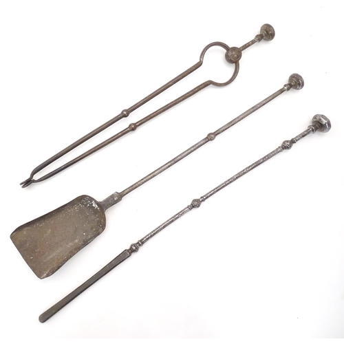 2094 - 19thC fire tools, comprising poker, tongs and shovel. The largest approx. 30