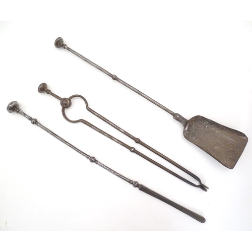 2094 - 19thC fire tools, comprising poker, tongs and shovel. The largest approx. 30