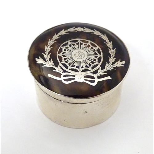 438 - A silver pill box with tortoiseshell pique work detail to lid, hallmarked Birmingham 1902, maker Cri... 