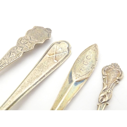 459 - Four assorted silver teaspoons, together with a silver handled fork. Largest approx. 6 1/2