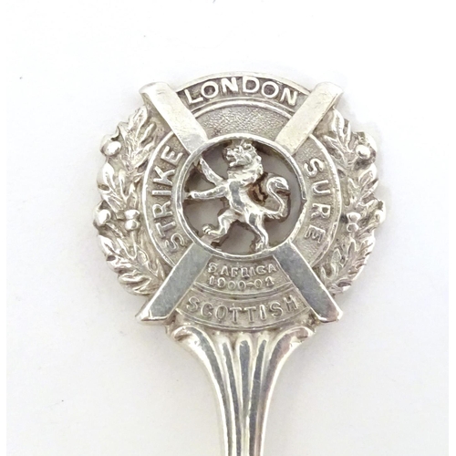 500 - A silver teaspoon the handle surmounted by emblem for London Scottish Regiment 14th County of London... 