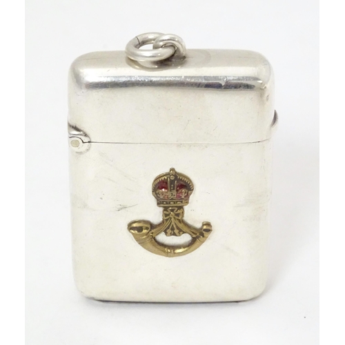 502 - A Victorian silver vesta case with applied Light Infantry insignia, hallmarked Birmingham 1897, make... 