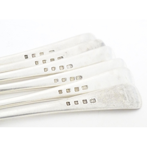 342 - A set of six silver forks, together with a set of six silver spoons, all hallmarked London 1936, mak... 