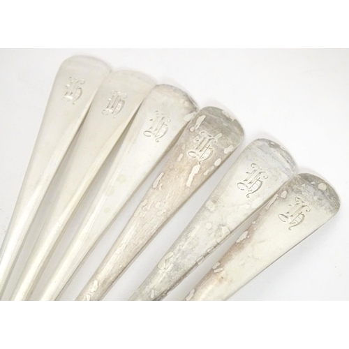 342 - A set of six silver forks, together with a set of six silver spoons, all hallmarked London 1936, mak... 