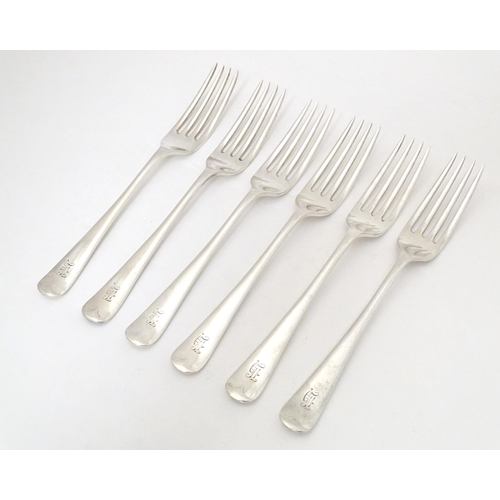 342 - A set of six silver forks, together with a set of six silver spoons, all hallmarked London 1936, mak... 