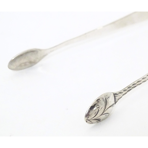 359 - 19thC silver sugar tongs with bright cut decoration, maker W. C. Approx. 5 1/2