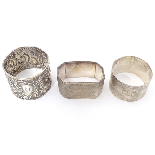 369 - Three various silver napkin rings hallmarked London 1897, maker WRC, Sheffield 1914, maker Levesley ... 