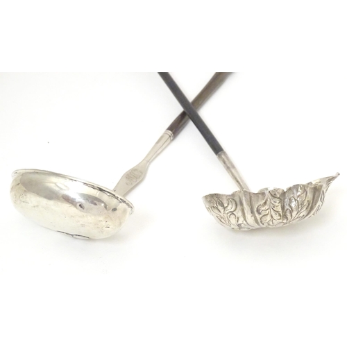 375 - Two late 18th / early 19thC silver and white metal toddy ladles, one with whale bone twist handle , ... 