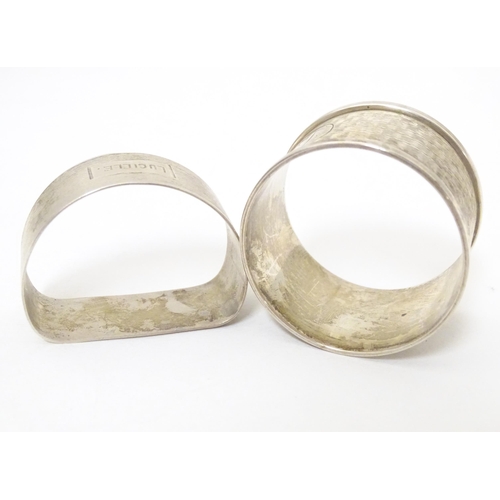 295 - Two silver napkin rings, one hallmarked Birmingham 1947, maker B & Co., the other hallmarked Chester... 