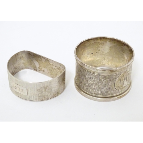 295 - Two silver napkin rings, one hallmarked Birmingham 1947, maker B & Co., the other hallmarked Chester... 