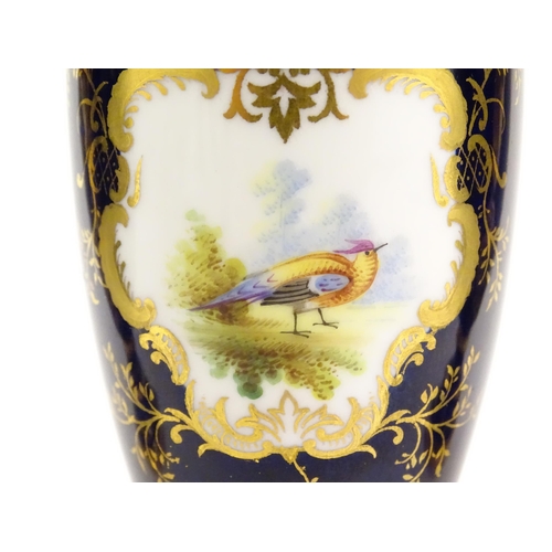 124 - Two Coalport vase and covers with twin handles decorated with hand painted exotic bird vignettes and... 