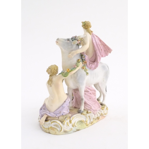 97 - A late 19thC Meissen allegorical figure group depicting Europa and the Bull, depicting Europa lured ... 