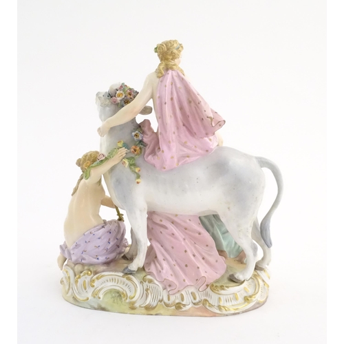 97 - A late 19thC Meissen allegorical figure group depicting Europa and the Bull, depicting Europa lured ... 