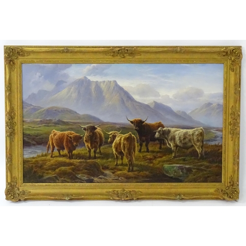 Charles Jones (1836-1892), Oil on canvas, Highland cattle in a Scottish landscape with mountains beyond. Approx. 32 1/2" x 39 1/4"