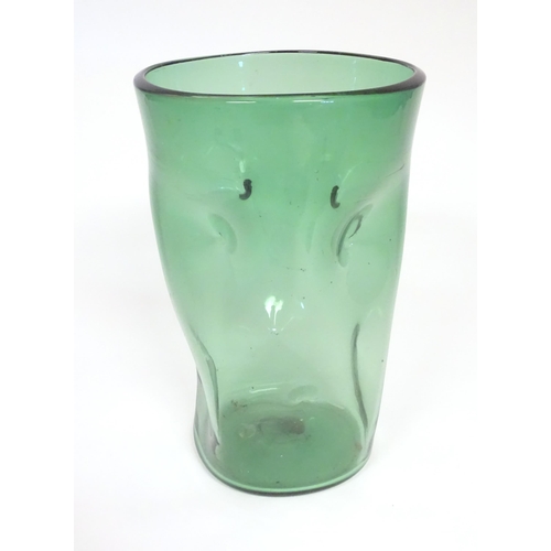 220 - A large retro green glass vase with dimple detail. 12 1/2