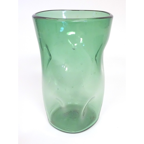 220 - A large retro green glass vase with dimple detail. 12 1/2