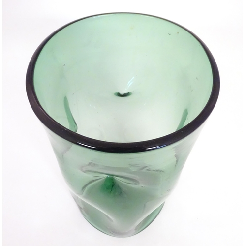 220 - A large retro green glass vase with dimple detail. 12 1/2