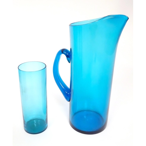 221 - A retro kingfisher turquoise blue coloured glass lemonade set comprising jug and 12 glasses. In the ... 