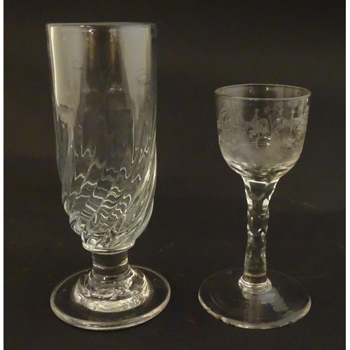 234 - two 19thC glass drinking glasses one with etched hunting scenes. The tallest 6 1/2