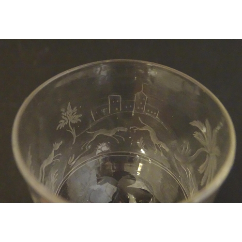 234 - two 19thC glass drinking glasses one with etched hunting scenes. The tallest 6 1/2