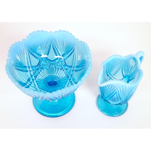 242 - A Davidson blue glass cream jug and pedestal sugar bowl. The bowl 5 1/4