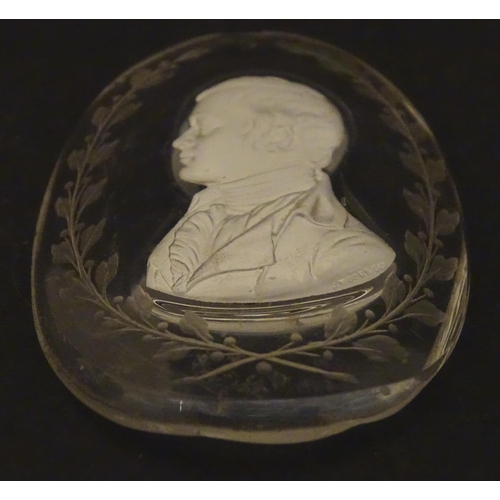 269 - A 19thC Holyrood Glassworks, Edinburgh glass oval with engraved decoration and central sulphide came... 