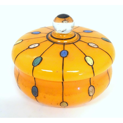 278 - A Continental retro glass powder bowl with orange body and cover and painted detail, inspired by the... 