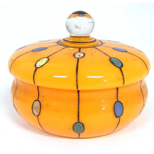 278 - A Continental retro glass powder bowl with orange body and cover and painted detail, inspired by the... 