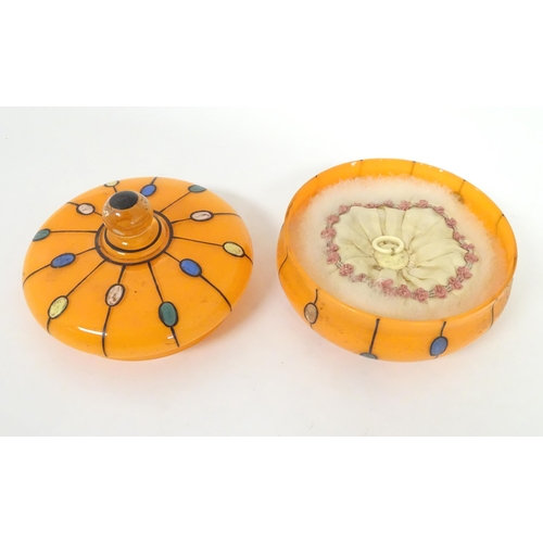 278 - A Continental retro glass powder bowl with orange body and cover and painted detail, inspired by the... 