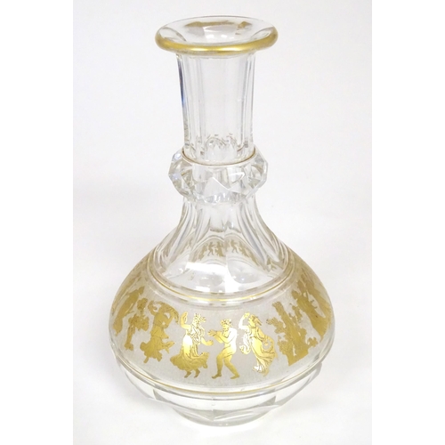 279 - An early 20thC glass decanter with banded gilt detail depicting classical figures. Probably by Moser... 