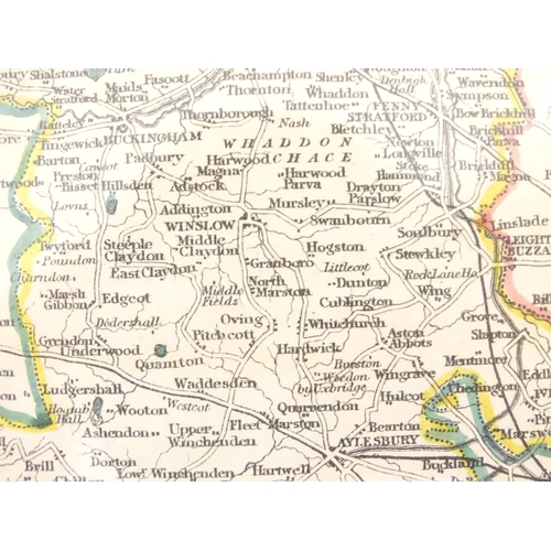 932 - Map: A 19thC engraved map of Buckinghamshire after James Pigot, with hand colouring. Framed together... 