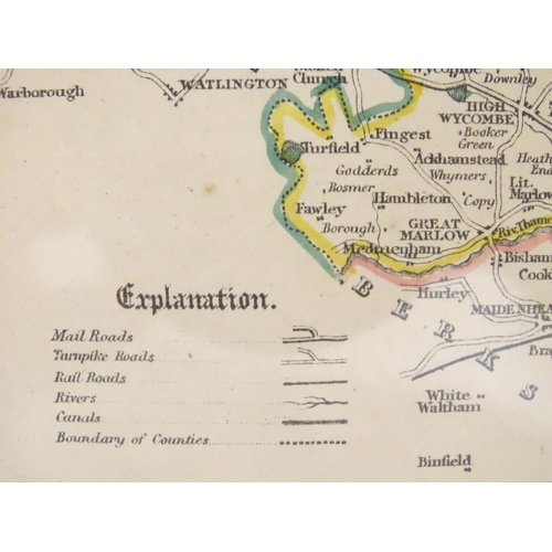 932 - Map: A 19thC engraved map of Buckinghamshire after James Pigot, with hand colouring. Framed together... 