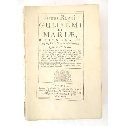 937 - A large quantity of 17thC William and Mary Acts of Parliament, to include An act for the more effect... 