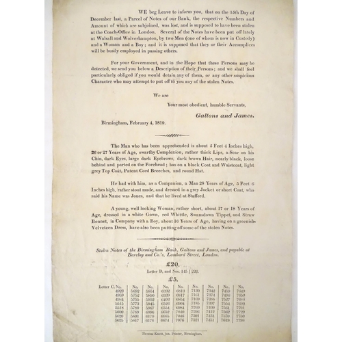 938 - An early 19thC reward notice for stolen bank notes of the Birmingham Bank, Galtons and James. With d... 