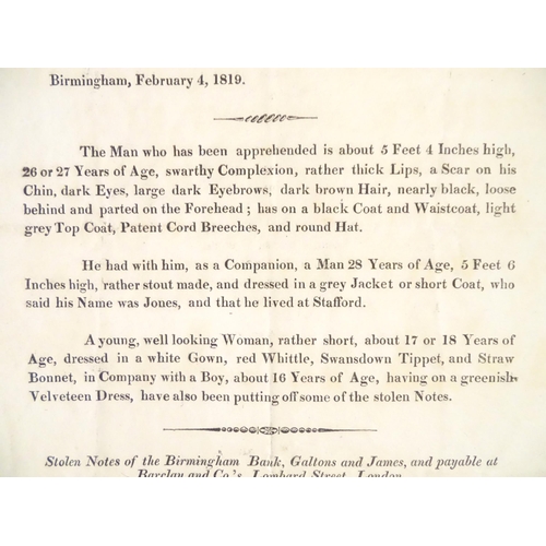 938 - An early 19thC reward notice for stolen bank notes of the Birmingham Bank, Galtons and James. With d... 