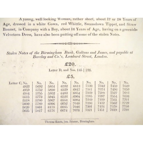 938 - An early 19thC reward notice for stolen bank notes of the Birmingham Bank, Galtons and James. With d... 